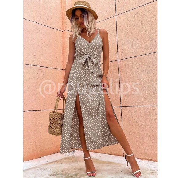 Khaki Spotted Print Long Dress V-Neck Tie Belt Cami  Leg Slit Faux Wrap - Picture 3 of 8